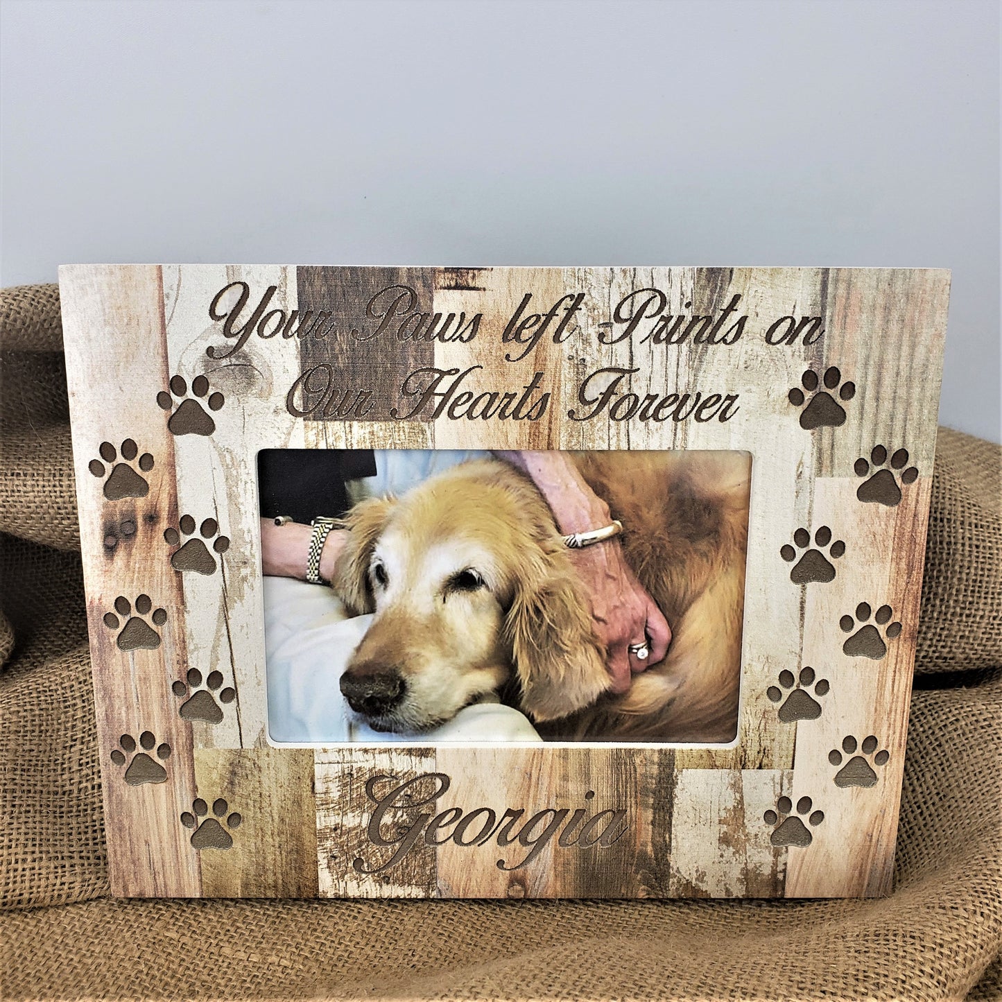 Engraved and Personalized Paw Prints on our heart photo frame