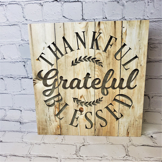 Thankful, Grateful, Blessed Engraved Light Faux Wood Box Sign